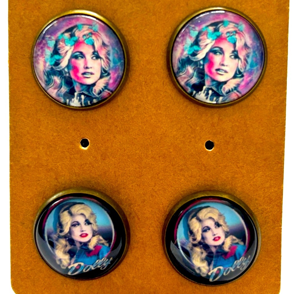 2 Pairs Dolly Parton 16mm Stud Earrings, Handmade, NWT